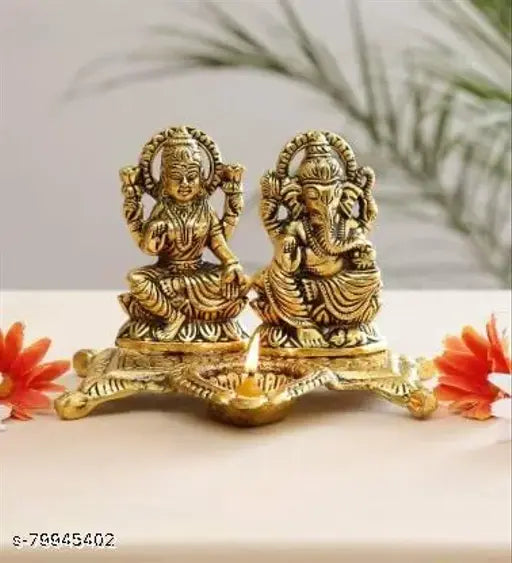 Gold-plated Laxmi Ganesh statue with diya, traditional Indian decorative showpiece (11cm, 15cm)
