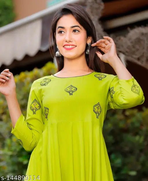 Green Rayon Hand Block-Printed Long Flair Anarkali Kurti, intricate design for women's wardrobe elevation