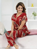 Maroon satin kaftan-style pyjama set with all-over print, luxury sleepwear for women from India