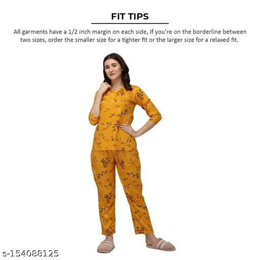 Rayon printed night suit top and pant set, cozy and stylish loungewear for women and girls. Includes pockets in both top and bottom. Indian origin
