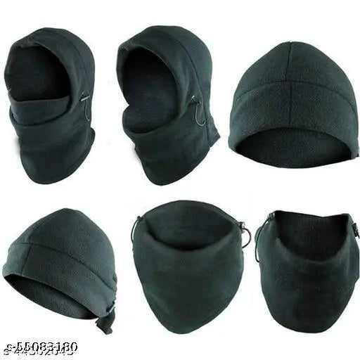 Black thermal fleece balaclava cap, adjustable elastic neck and ear openings