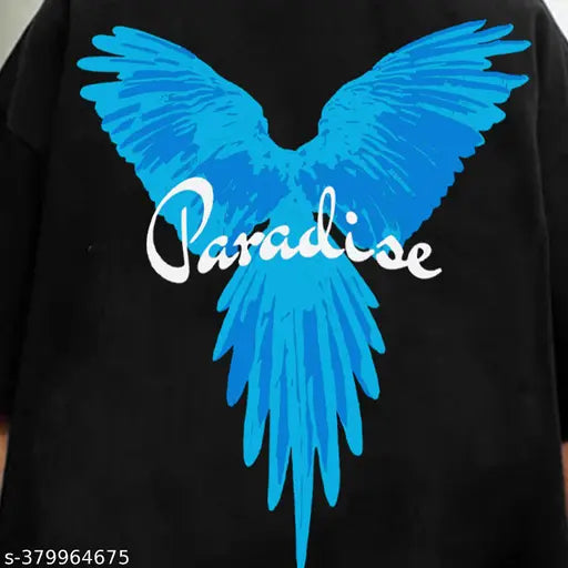 Black cotton blend oversized t-shirt with printed paradise design and three-quarter sleeves for men, from Jump Cuts