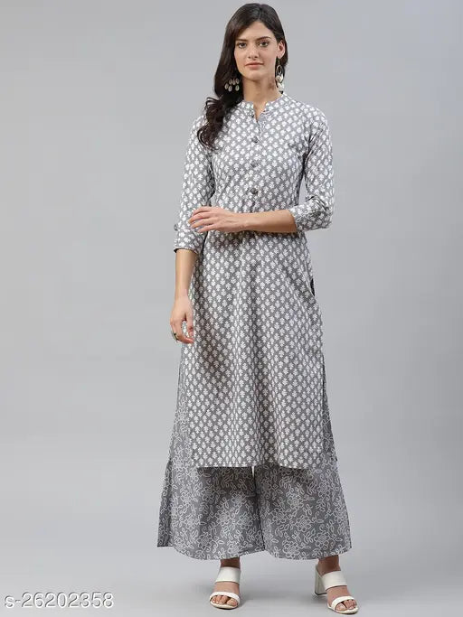 Grey cotton printed kurta set with palazzos, three-quarter sleeves, and mandarin collar - Indian women's fashion