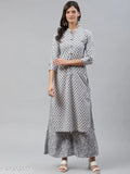 Grey cotton printed kurta set with palazzos, three-quarter sleeves, and mandarin collar - Indian women's fashion
