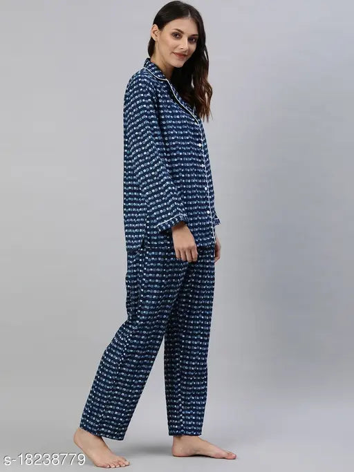 Divena blue printed nightsuit, cotton top and bottom for women's sleepwear, long sleeves, size chart included