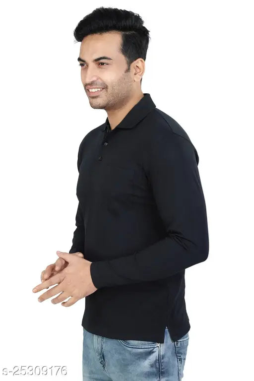 Black full sleeve polo neck t-shirt, solid men's 100% cotton super combed tee for men in black color