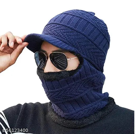Attractive Men's blue beanie wool cap, solid pattern, fully lined with fleece, universal size, criss-cross knit design (India)