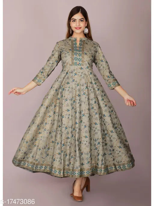 Women's printed rayon flared kurta, three-quarter sleeves, vibrant Indian fashion accessory on mannequin