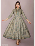 Women's printed rayon flared kurta, three-quarter sleeves, vibrant Indian fashion accessory on mannequin