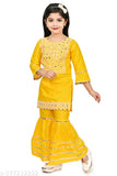 Embellished rayon dress, Garara Yellow top with three-quarter sleeves, embroidered net bottom. Suitable for girls aged 2-12 years. Indian western fashion dress for special occasions