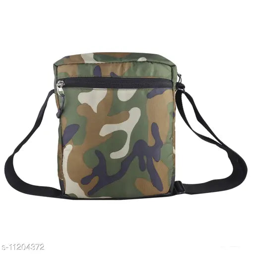Unisex crossbody sling bag, olive camouflage polyester fabric, one side adjustable strap