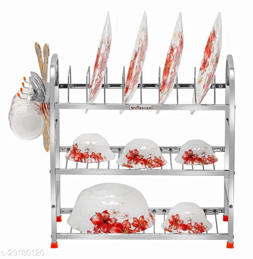 Multi-functional stainless steel kitchen rack with three shelves, dish rack, bartender stand. Measures 18 x 18 inches