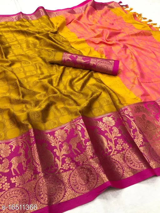 Pink and gold patterned saree