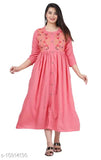 Peach rayon embroidered flared kurta with long sleeves and a knee-length skirt