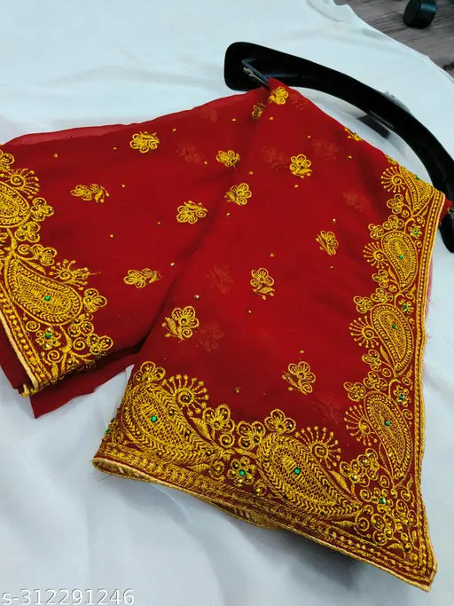 Red and gold embroidered saree