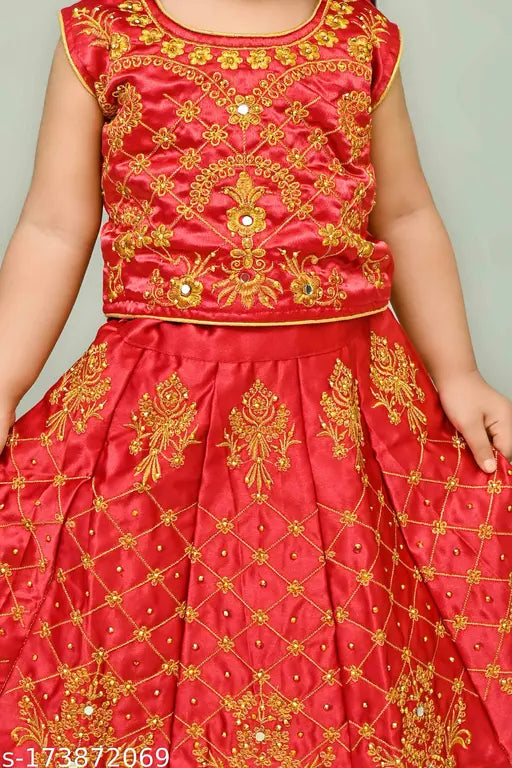Cotton blend party lehenga choli with embroidered patterns, sleeveless and net dupatta - Indian babywear, 6-24 months