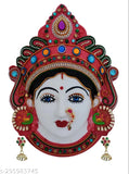 Red plastic Goddess Mahalakshmi Mata figurine, approximately 20cm tall and 16.5cm wide, depicting the face of Laxmi for home or office decoration or worship during Marghshish month or any time