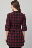 Cotton checkered kurti top with pleats and three-quarter sleeves, XS (32in bust, 33in length), India-made women's tunic