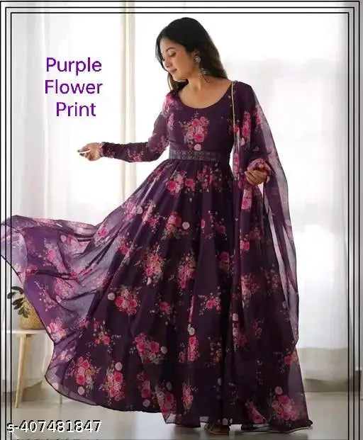 Rose print georgette gown, long-sleeved, printed net, women's formal wear from India
