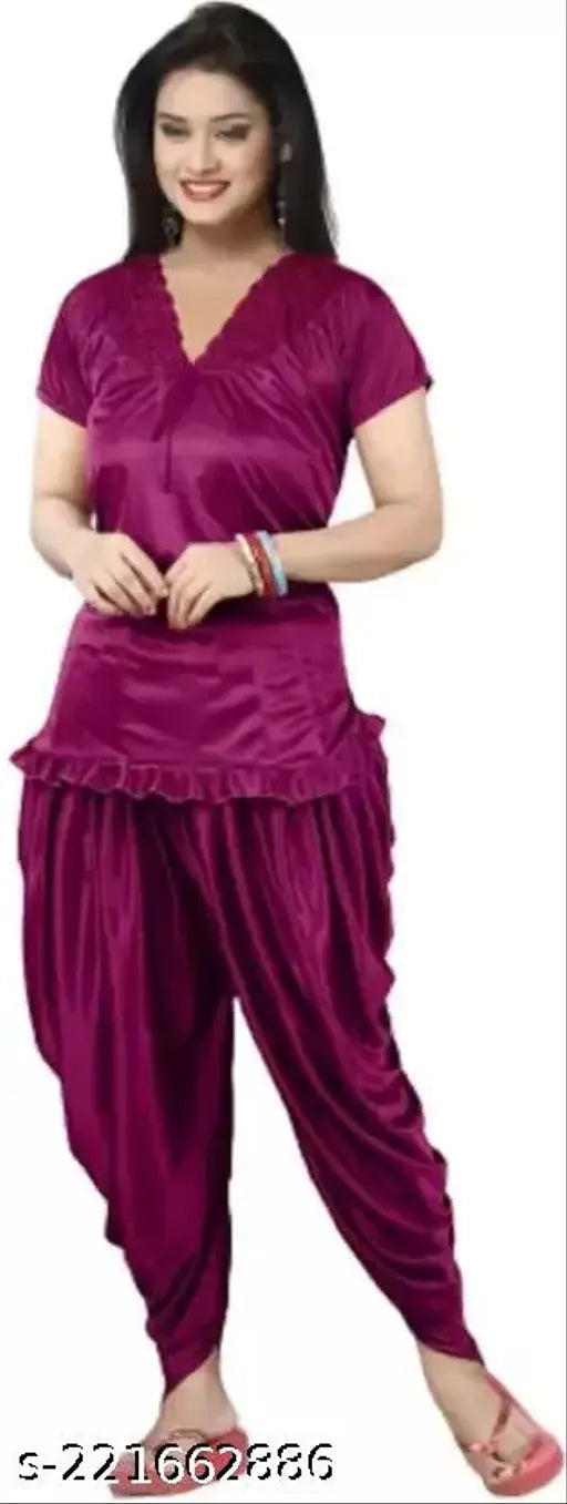 Purple satin Patiala night suit with short sleeves and lace detail, designed for comfortable and stylish sleepwear. Indian origin