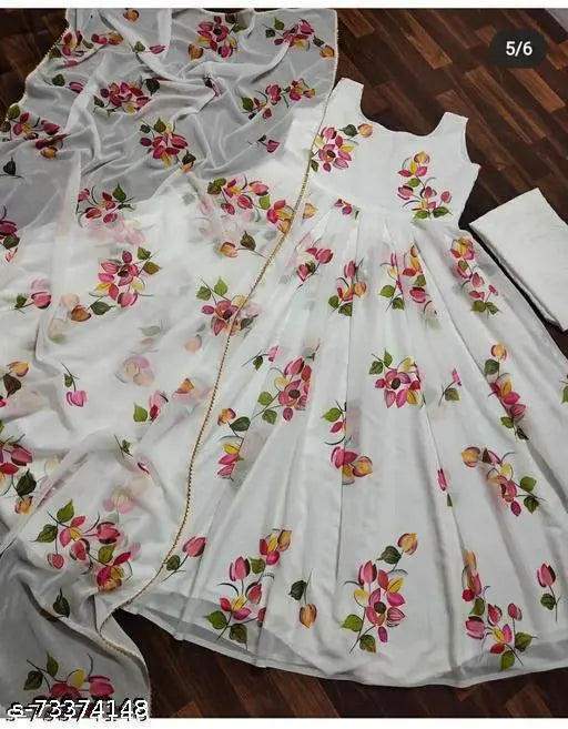 Printed rayon sleeveless long gown Kurty, vibrant combo on model