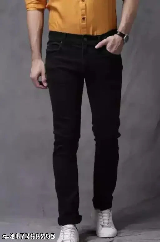 Fashionable slim-fit black cotton jeans for men, mid-rise style with five pockets and machine wash