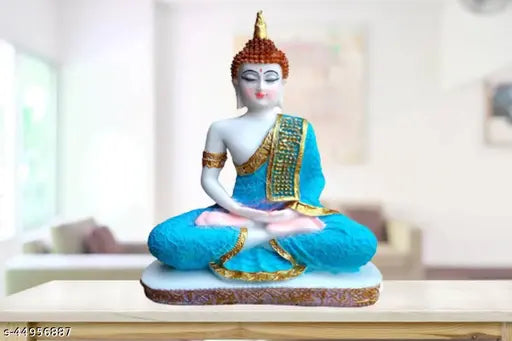 Goldiluxe blue-white poly resin Gautam Buddha idol, decorative showpiece for home or study room, 22cm tall