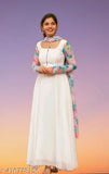 Fancy white georgette kurti5 with printed dupatta, pastel shades, full sleeves. India-made fashion wear