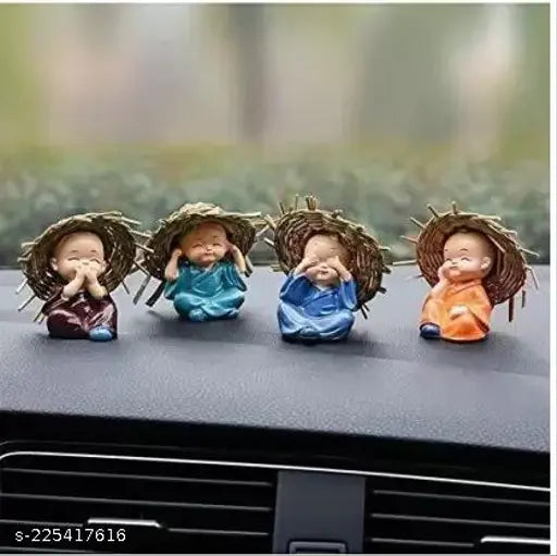 Toy figurine set of four monks with spring stands, perfect for home office decoration or car dashboard accessories
