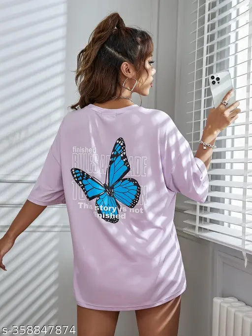 Purple women's oversized t-shirt with butterfly design on back
