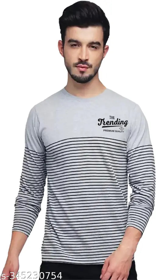 Striped cotton men's full-sleeve t-shirt, long sleeves on hanger, size M for chest 38 in and length 28 in