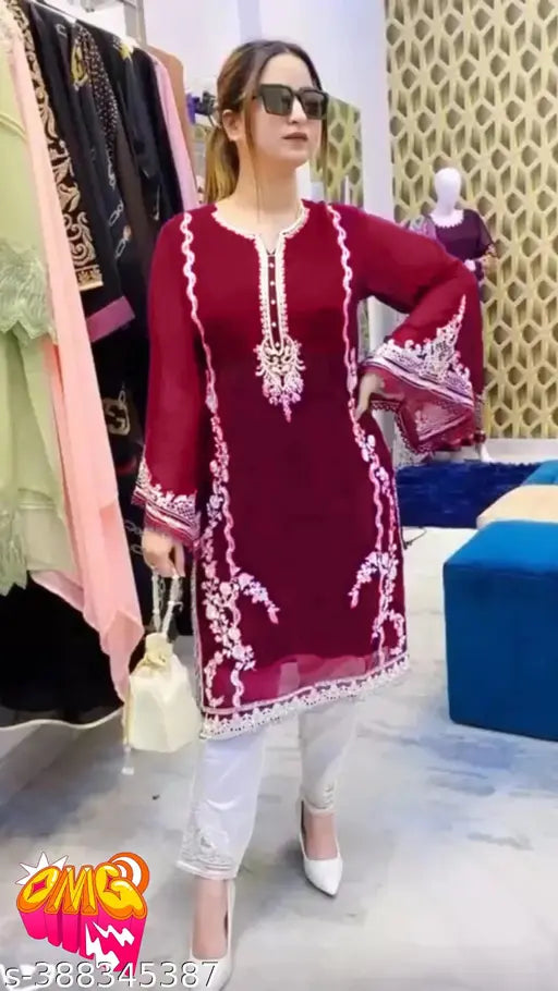 Georgette and crepe Pakistani kurta pair with embroidered net, long sleeves, in sizes S-XXXL. New designer kurta with palazzo for women