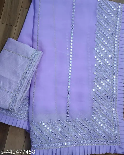 Purple zari work sari, intricate sequin details, complete with matching blouse and bolusi
