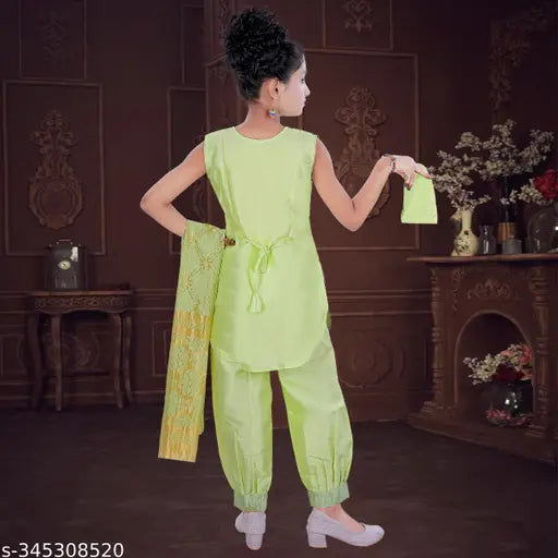 Girls Festive Wedding Kurta & Patiala Set - Embroidered, semi-silk top with soft silk patiala, enhances beauty. 3-4 Years size