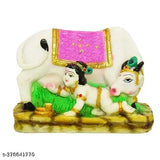 Resin Hindu God Krishna & Cow Gau Mata Idol (4 x 3 inches), adorned with precious stones for gifting and home decor