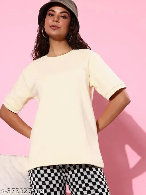Off white oversized cotton sweatshirt, short sleeves, solid design - women's fashion essential on hanger, made in India