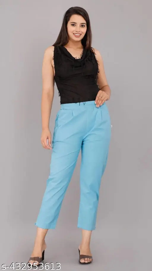 Stylish cotton blend trousers for ladies, solid color, daily wear & comfortable fit