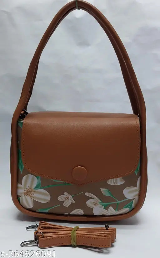 New trendy sling bag with brown leather and floral pattern