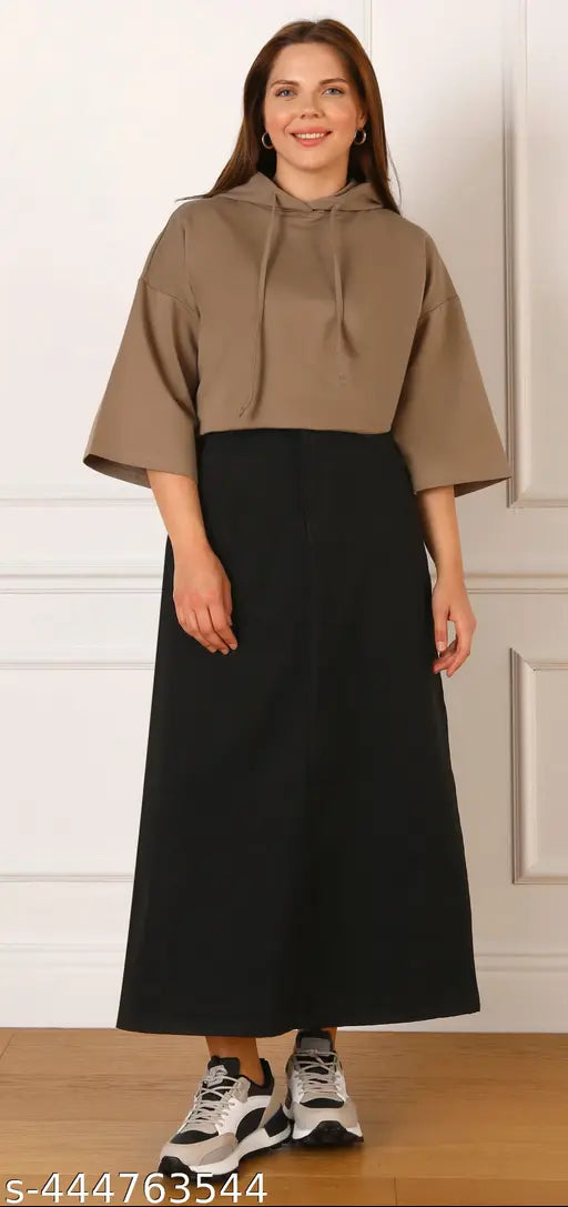 Black denim skirt with zipper front, floor length, long sleeves