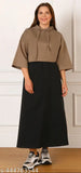 Black denim skirt with zipper front, floor length, long sleeves