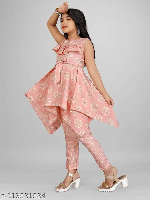 Girls Casual Festive Party Kurta and Trouser Set, rayon A-line print top and trousers for 4-14 years, Indian ethnic wear in Cambric Cotton fabric