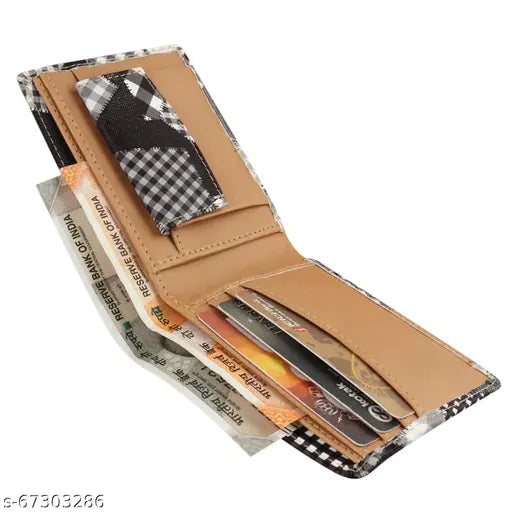 Faux leather wallet, 2 compartments, printed net design, blue color, modern men's accessory