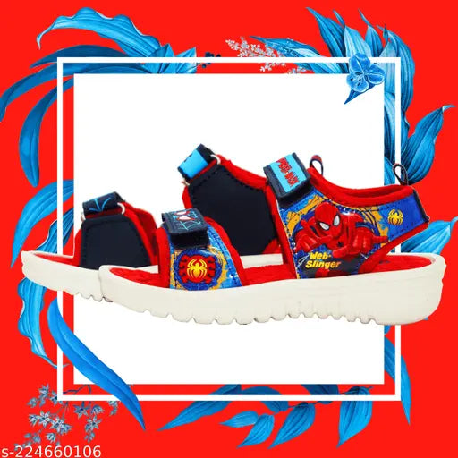 Spiderman-themed red kid's sandals with "Green Comfort" written on strap, size 5x10, 3D style, colorful design