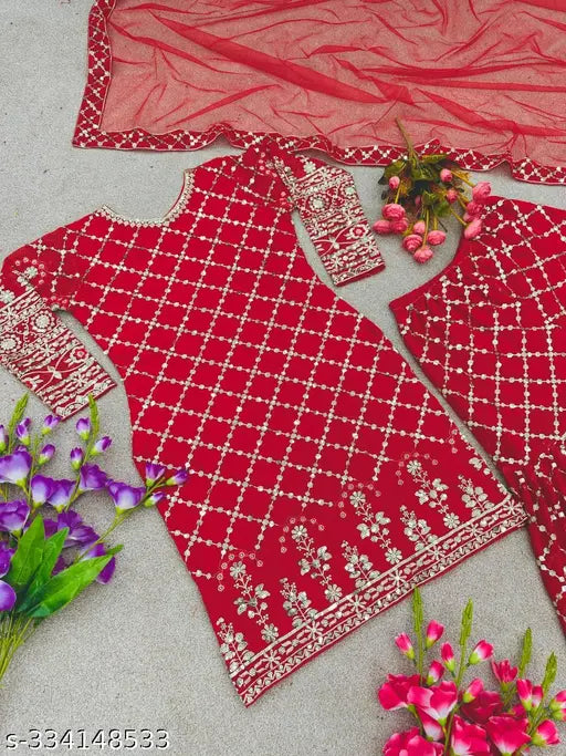 Red designer party wear kurta sharara set, embroidered dupatta and chamak