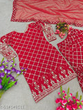 Red designer party wear kurta sharara set, embroidered dupatta and chamak