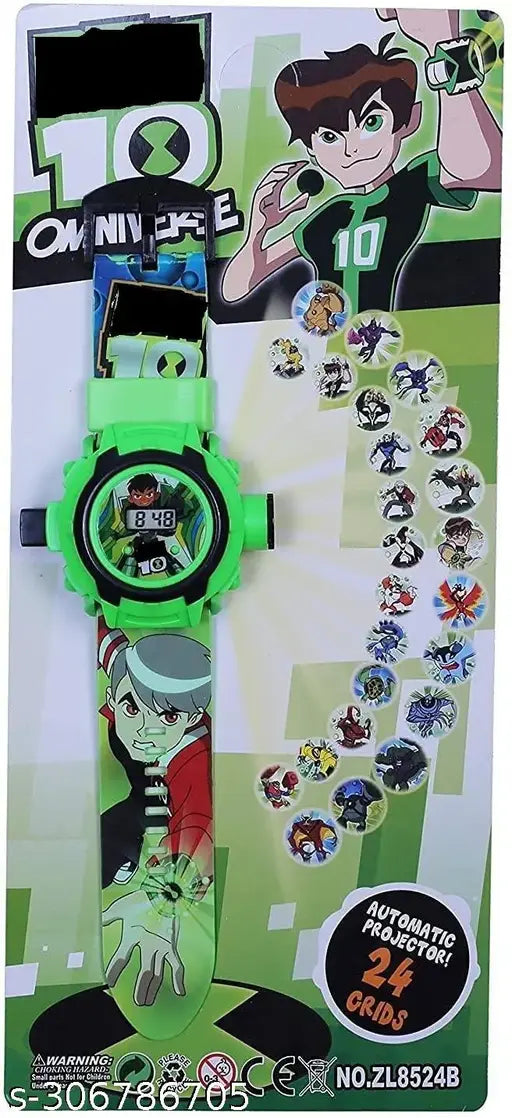 Green digital watch with cartoon boy design, adjustable strap