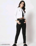 White cotton denim full sleeve jacket, trendy Martin classy design for women and girls, India origin