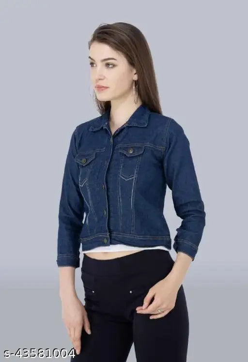 Denim 3/4th sleeve women's casual jacket, navy blue from SAMAN FASHION WEAR - comfortable fit for casual outfits with white tee and denim bottom