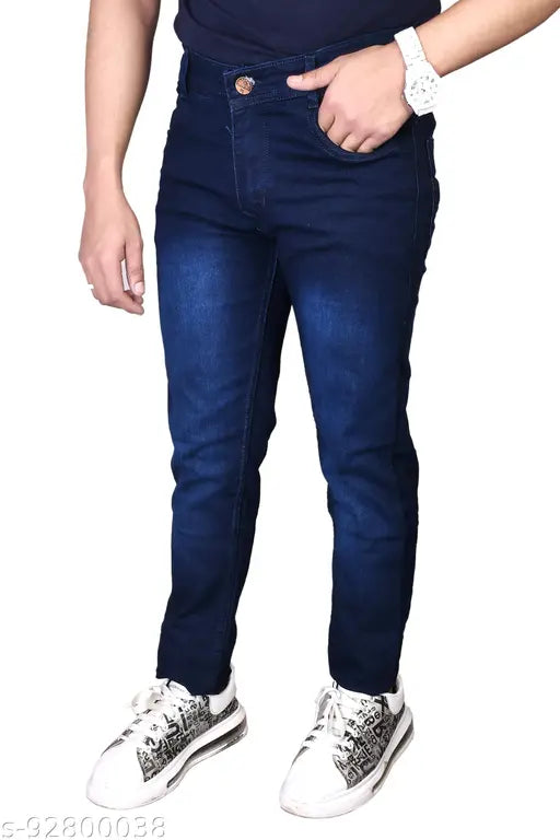Men's fashion denim jeans, solid blue, size 34 (waist 34in, length 42in), Indian-made