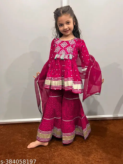 Red kids embroidered sharara set with dupatta and bottomwear, rayon fabric, three-quarter sleeves, pack of 3, sizes: 3-4 yrs, 5-6 yrs, 7-8 yrs, 9-10 yrs, 11-12 yrs, India origin